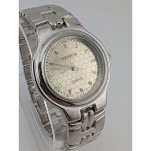 Geneva Watch Men 34mm Case Honeycomb Dial‎ 8" Silver Band- New Battery